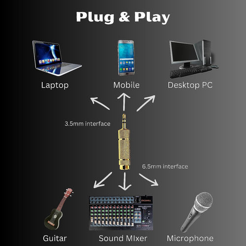 DaBeatz 3.5mm स्टीरियो पुरुष से 6.3 mm स्टीरियो महिला एडाप्टर कनवर्टर (गोल्ड) 